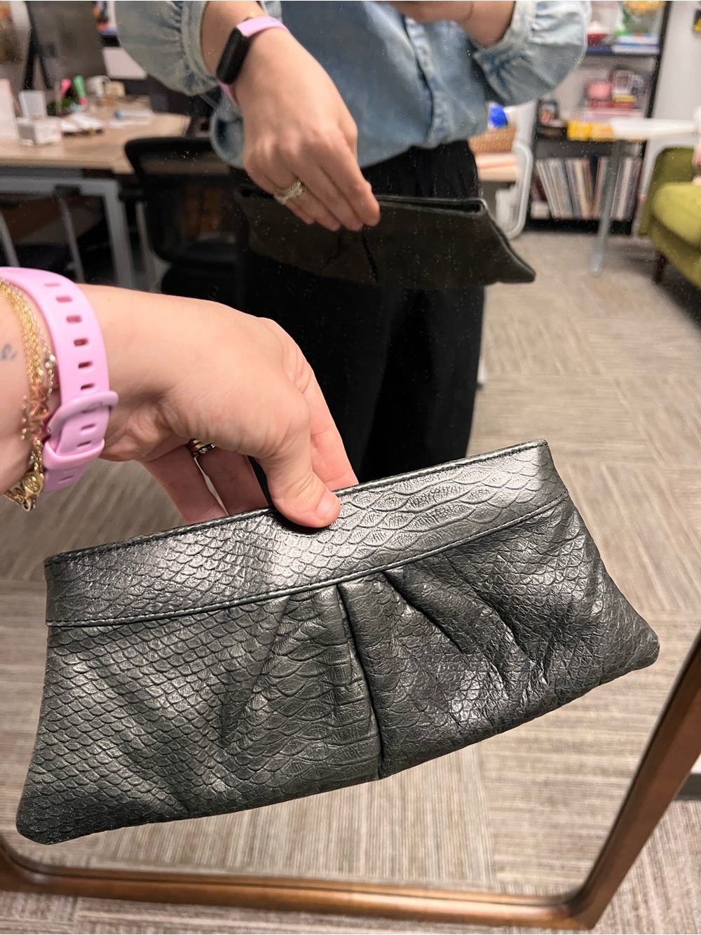 Lauren Merkin Black Textured Clutch with Scale Pattern